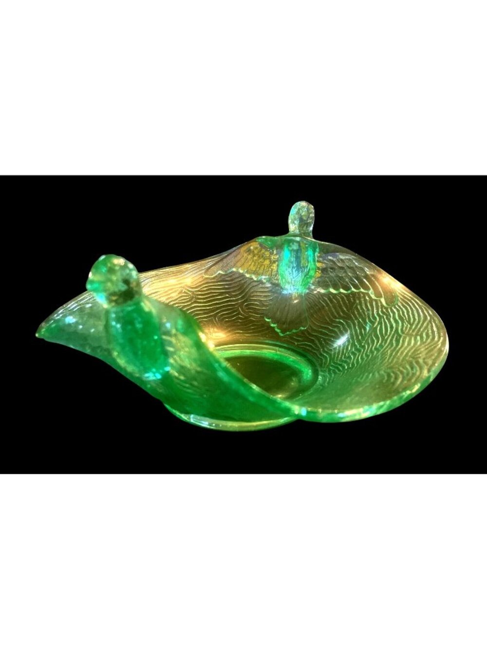 1920s Dugan Green Uranium Glass Candy Dish With Bird Accents